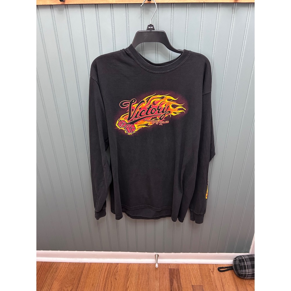 Victory‎ Motorcycles USA Black Long Sleeve Flame Dice Graphic Tee Shirt Mens L